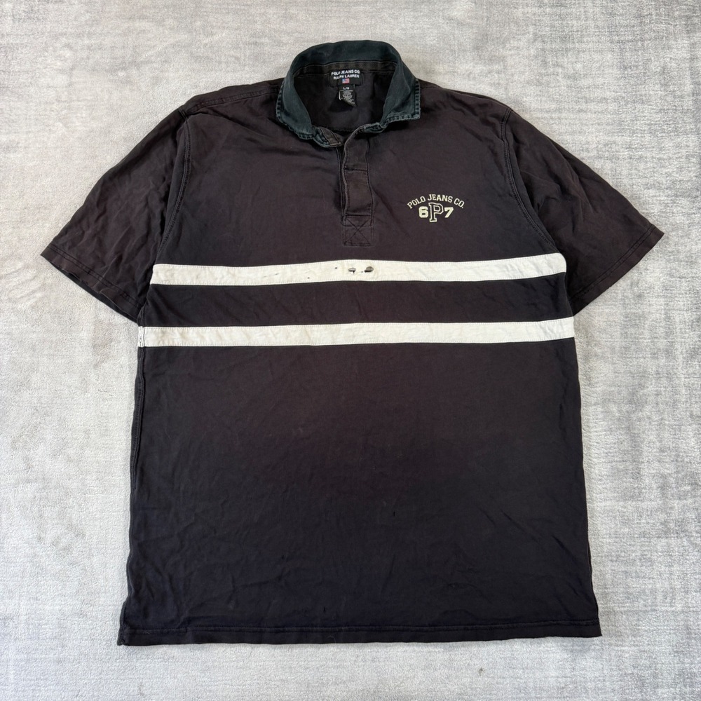 Polo Jeans Co Ralph Lauren Shirt Mens Large Black Rugby Striped Distressed Y2K